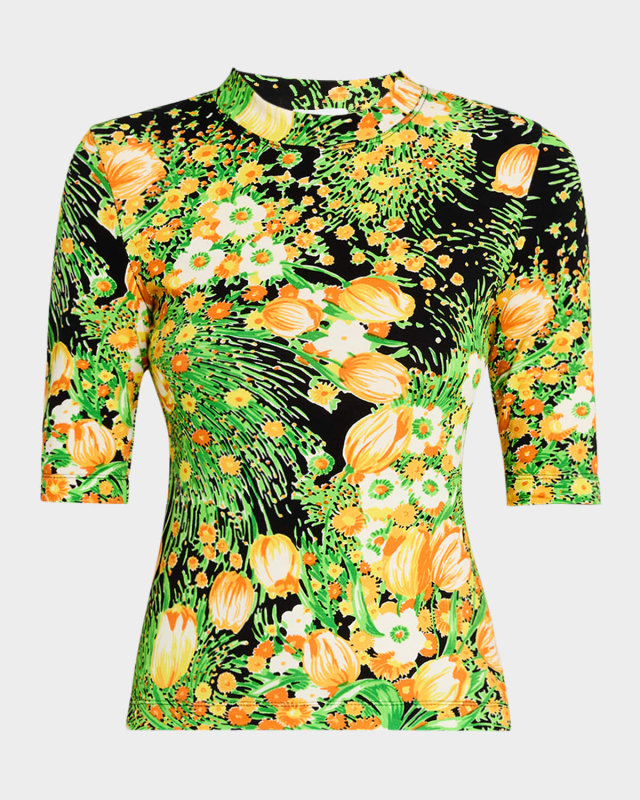 Garden Floral-Print Cropped Sleeve T- Shirt